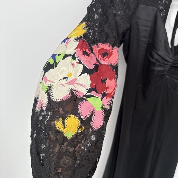 Topshop Black Satin Long Midi Dress Floral Embroidery Size 2 Formal - Picture 3 of 12